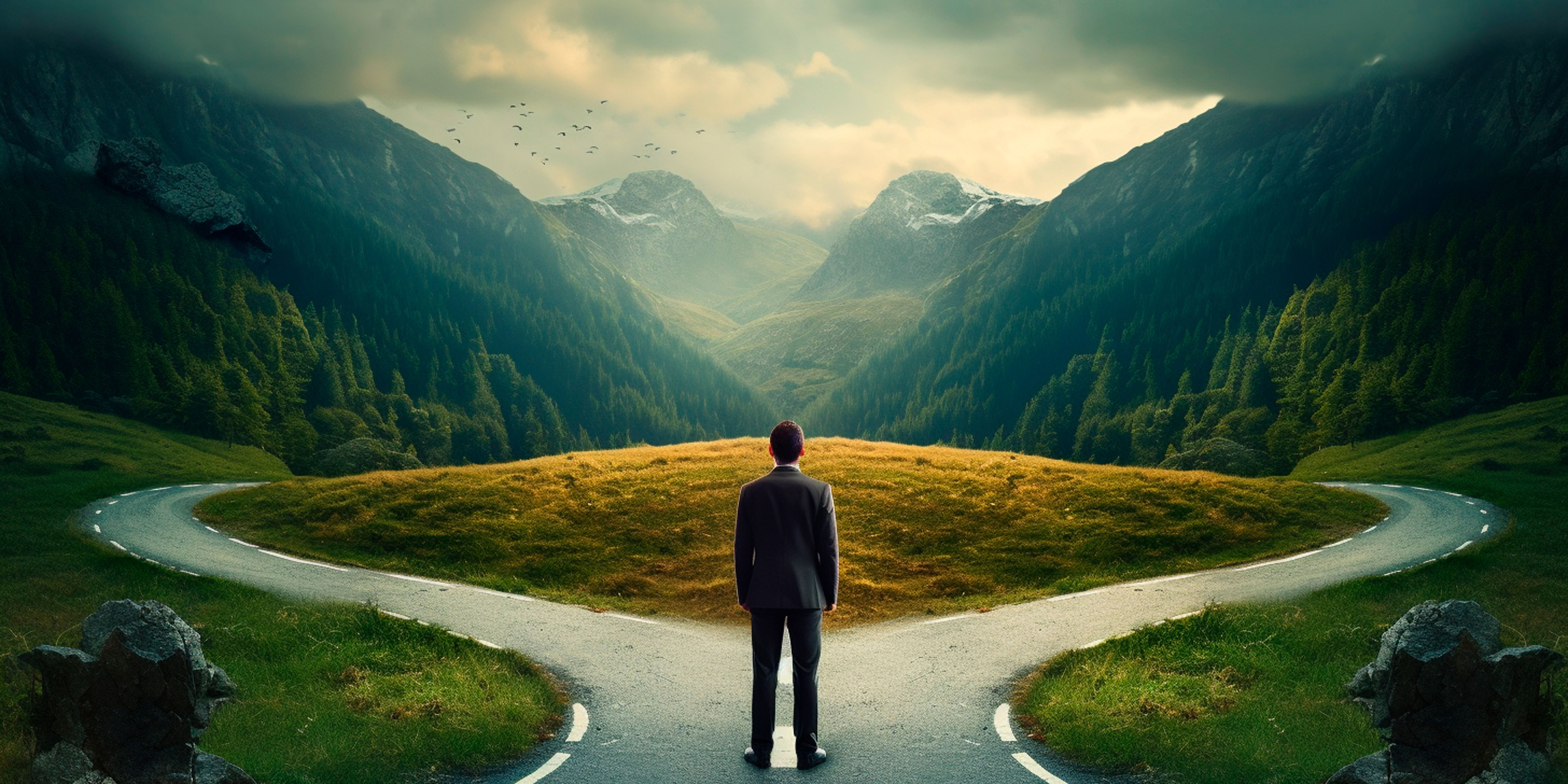 Man standing a crossroad making a choice.